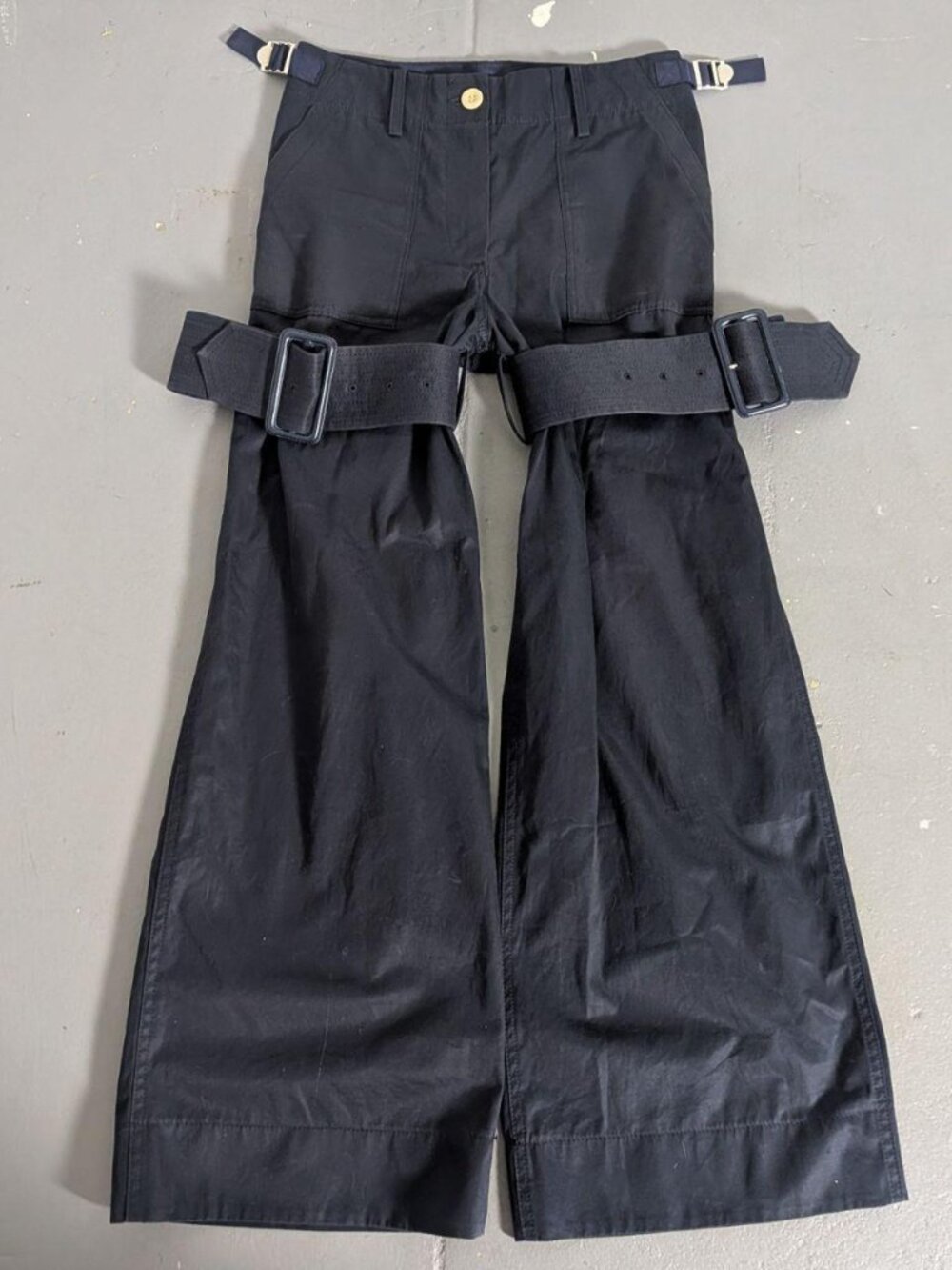 ARCHIVE SS16 Sacai bondage navy/black flare pants featuring cowhide details